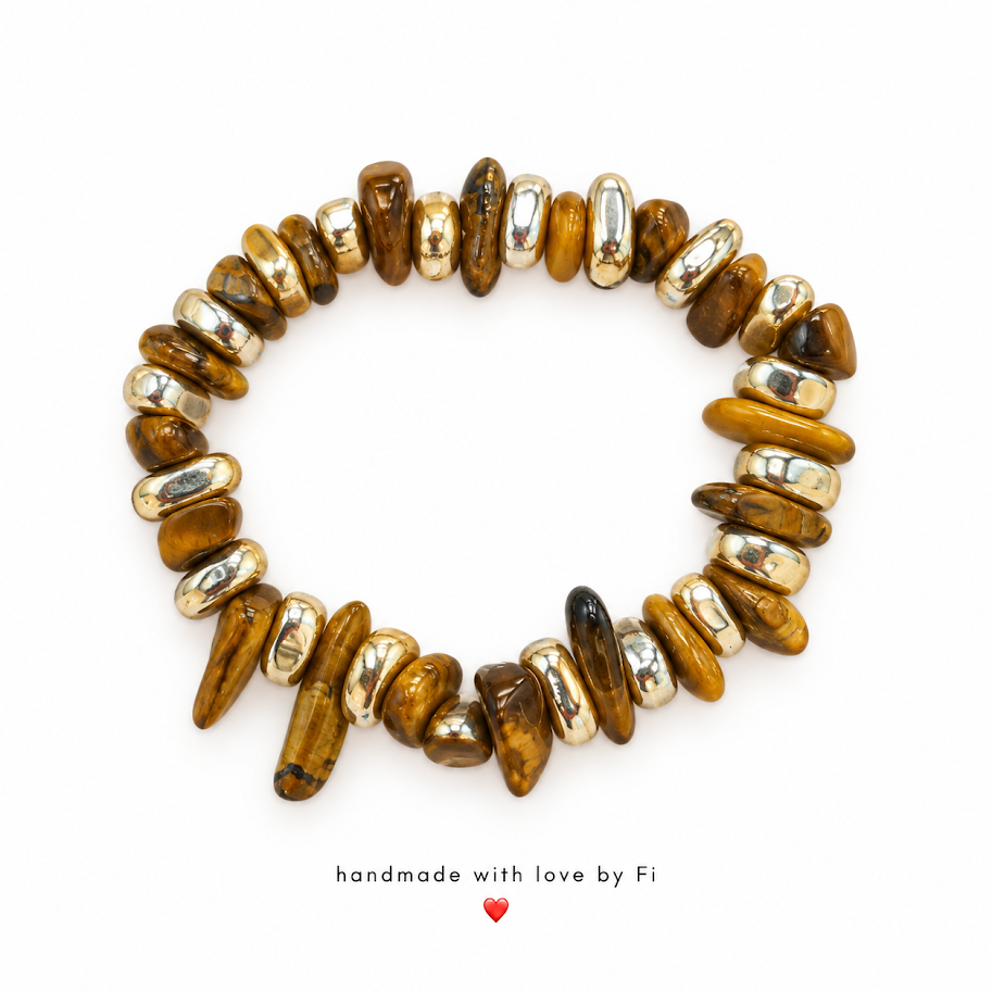 Handmade bracelet with rich tiger-brown gemstone-style chips and shiny gold-tone beads