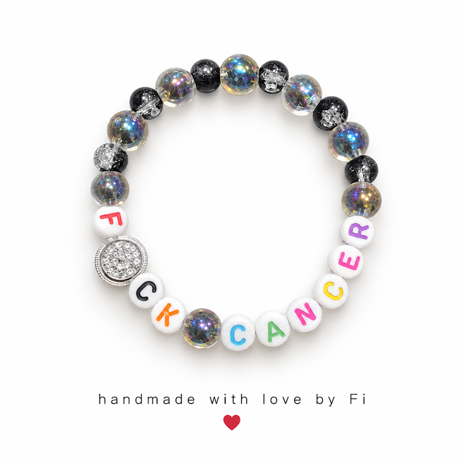 Handmade F*ck Cancer bracelet with galaxy crackle glass beads and rainbow letter beads with rhinestone charm