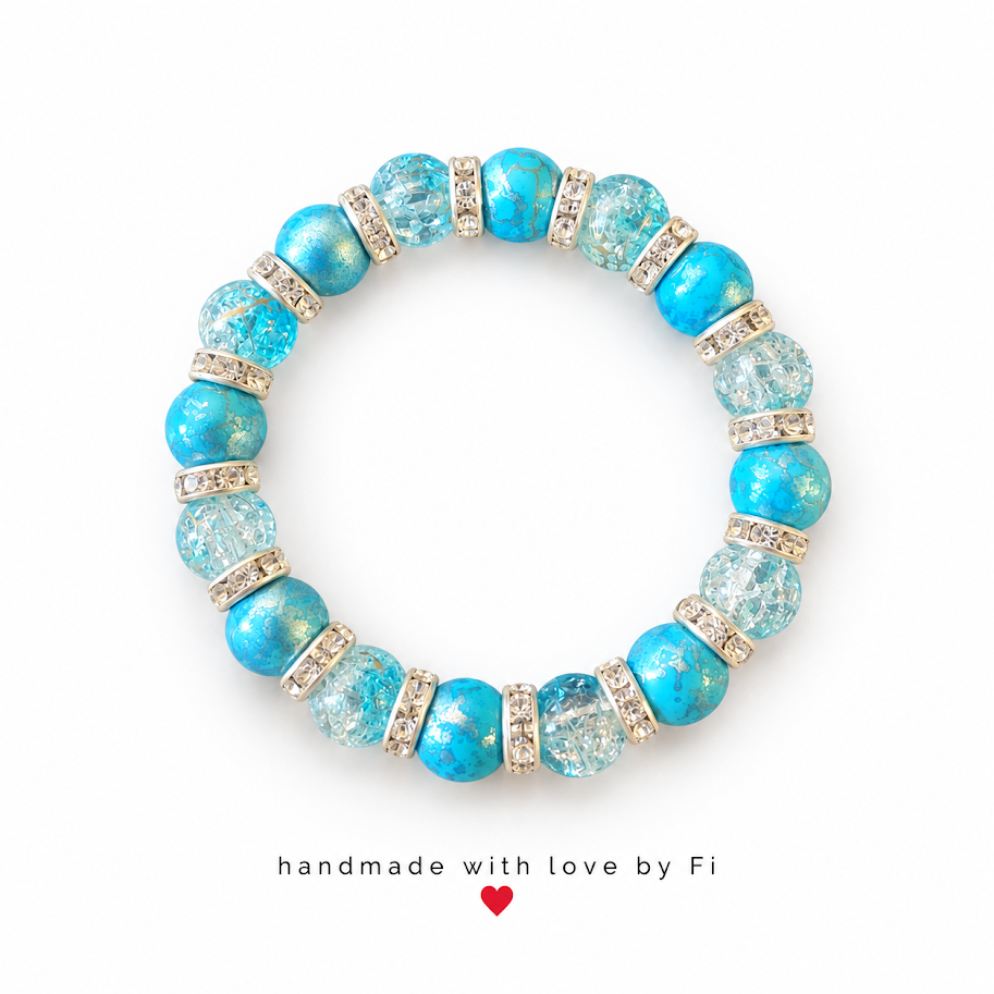 Turquoise Foil & Aqua Crackle Bracelet with Rhinestone Spacers handmade by Fi