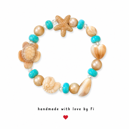 Beachy sea turtle and starfish bracelet with turquoise, shell and wood beads handmade by Fi
