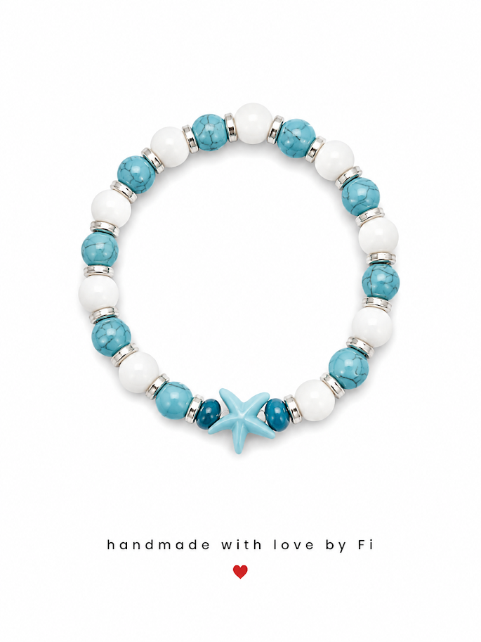Turquoise howlite and white agate bracelet with starfish charm handmade by Fi