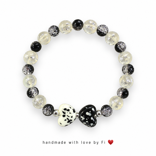 Black & White Double Heart Beaded Bracelet handmade by Fi