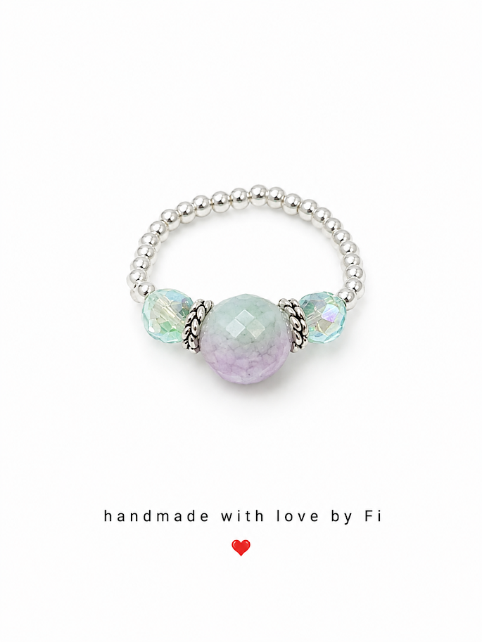 Lavender fluorite and mint crystal stretch ring on silver ball bead band handmade by Fi