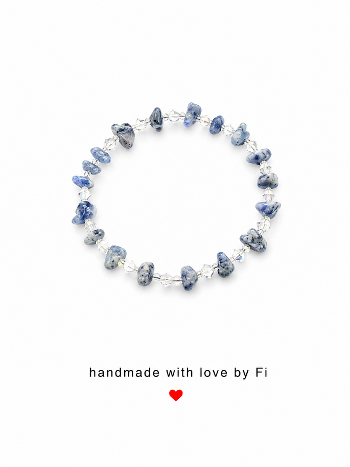 Blue and white sodalite chip bracelet with clear crystal bicone spacers handmade by Fi