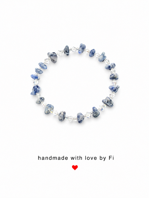 Blue and white sodalite chip bracelet with clear crystal bicone spacers handmade by Fi