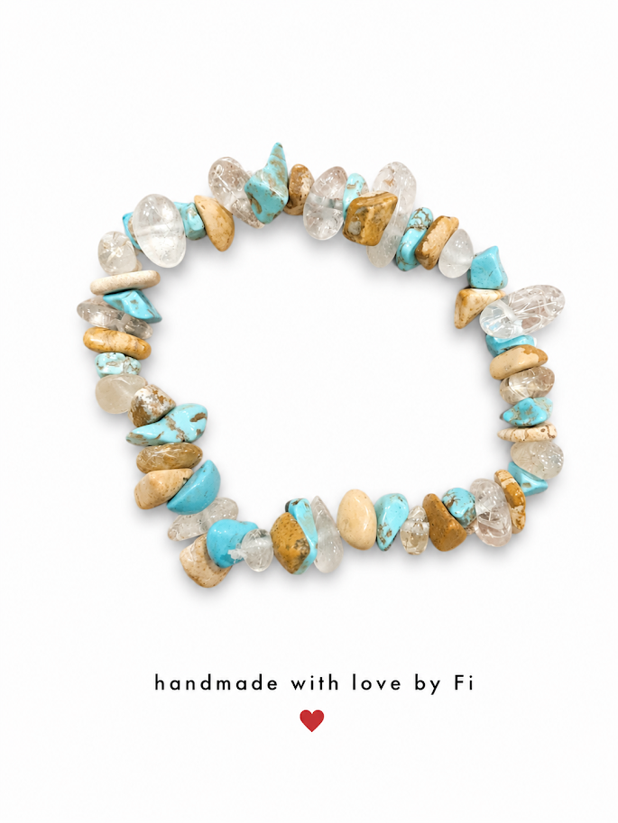 Turquoise, picture jasper and clear quartz chip bracelet handmade by Fi
