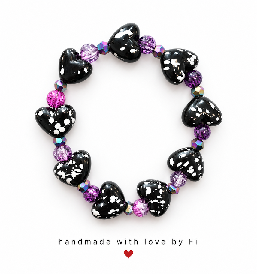 Black Splatter Heart & Purple Crystal Bracelet handmade by Fi