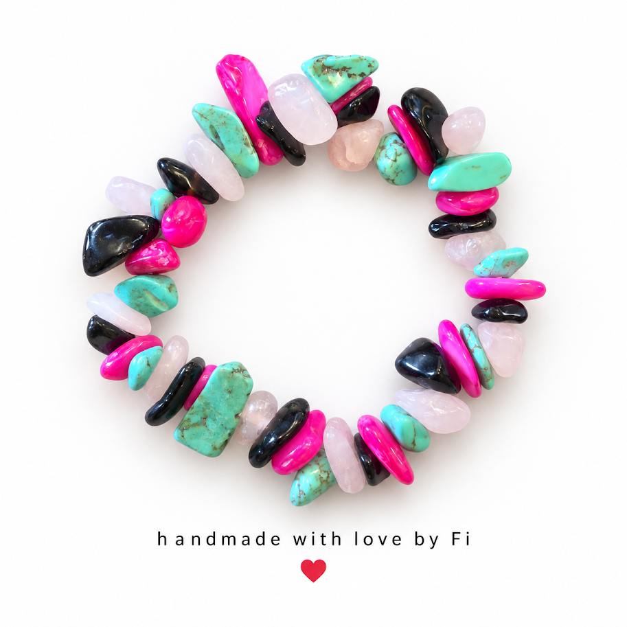 Turquoise, Hot Pink, Black & Rose Quartz Gemstone Chip Bracelet handmade by Fi