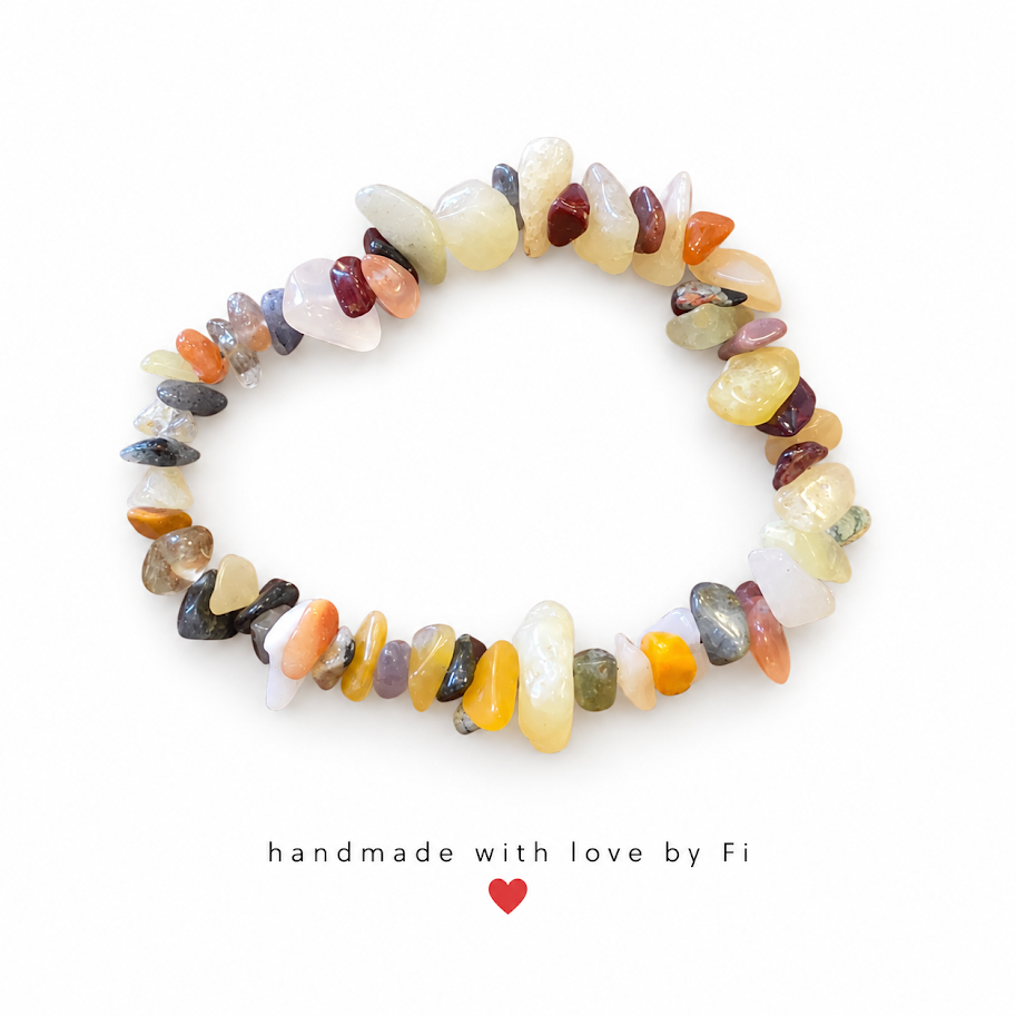 Handmade bracelet with creamy yellow, amber, peach, smoky grey and burgundy gemstone-style chip beads