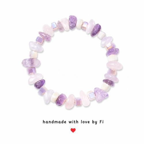 Amethyst, rose quartz and white howlite chip bracelet with iridescent AB crystal cube spacers handmade by Fi