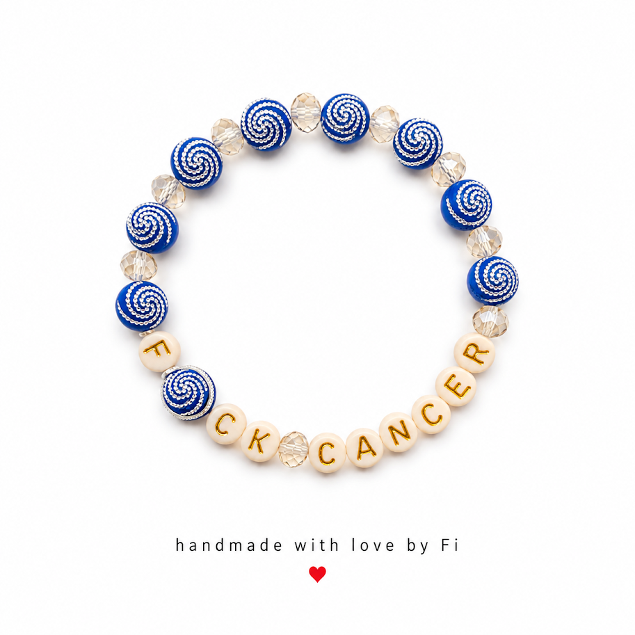 F*CK CANCER blue swirl clay and champagne crystal charity bracelet handmade by Fi — £1 from every sale donated to cancer charity