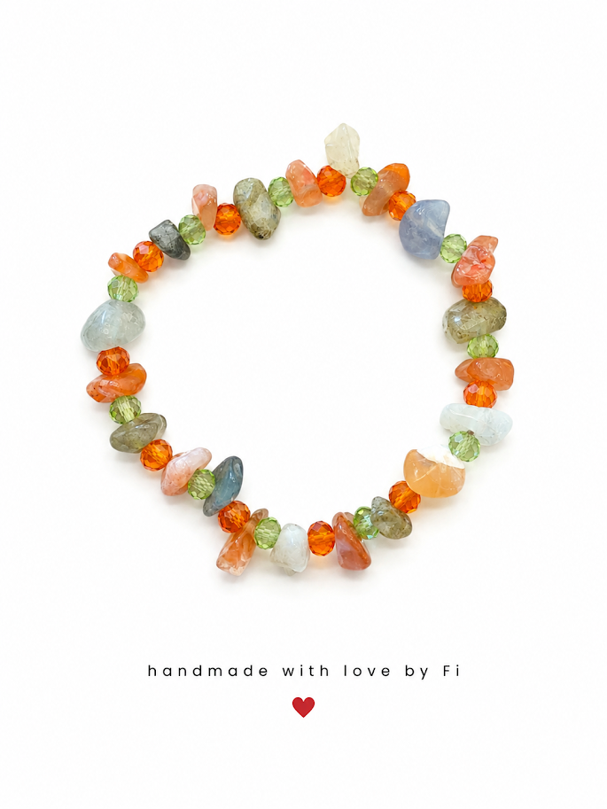 Moonstone and labradorite chip bracelet with orange and peridot green crystal rondelles handmade by Fi
