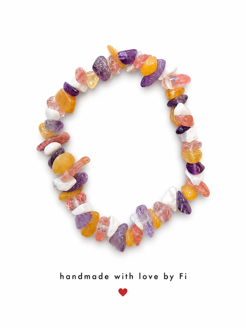 Amethyst, golden jade, cherry quartz and white howlite chip bracelet handmade by Fi