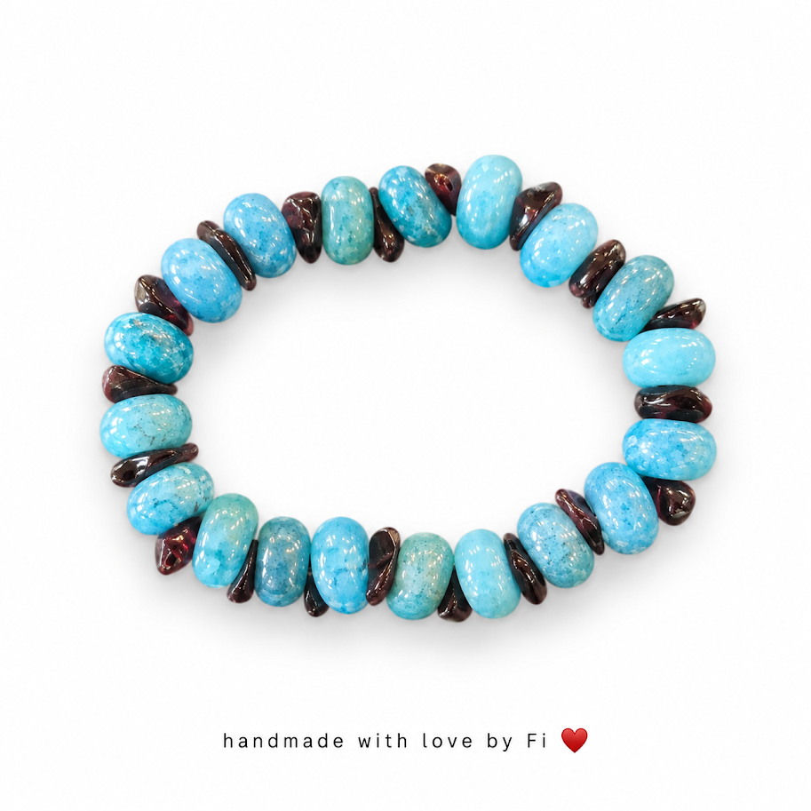 Turquoise & Dark Red Chip Bead Bracelet handmade by Fi