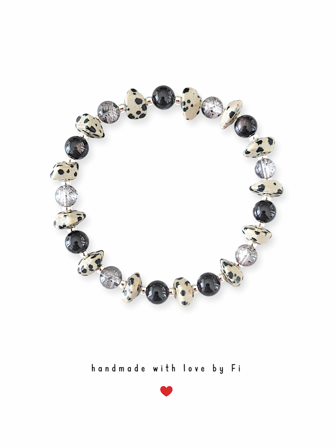 Dalmatian jasper, black onyx and smoky crackle quartz bracelet with silver rondelle spacers handmade by Fi