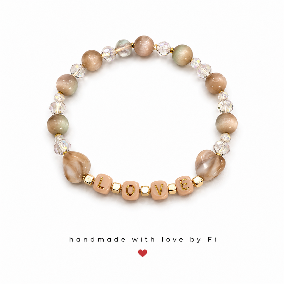 LOVE cube letter bead bracelet with taupe cat's eye and clear crystal beads handmade by Fi