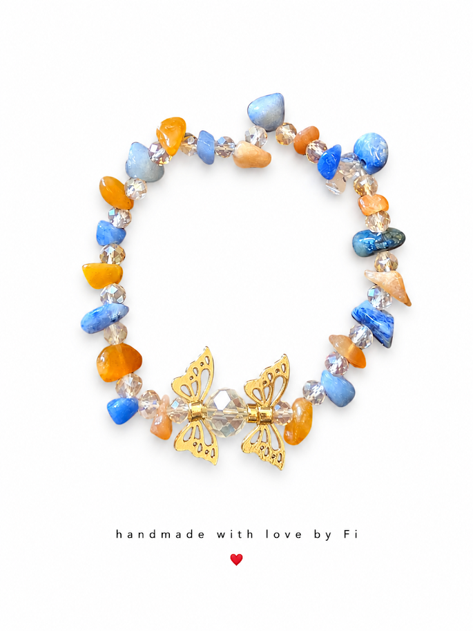 Blue and orange agate chip bracelet with gold filigree butterfly centrepiece handmade by Fi