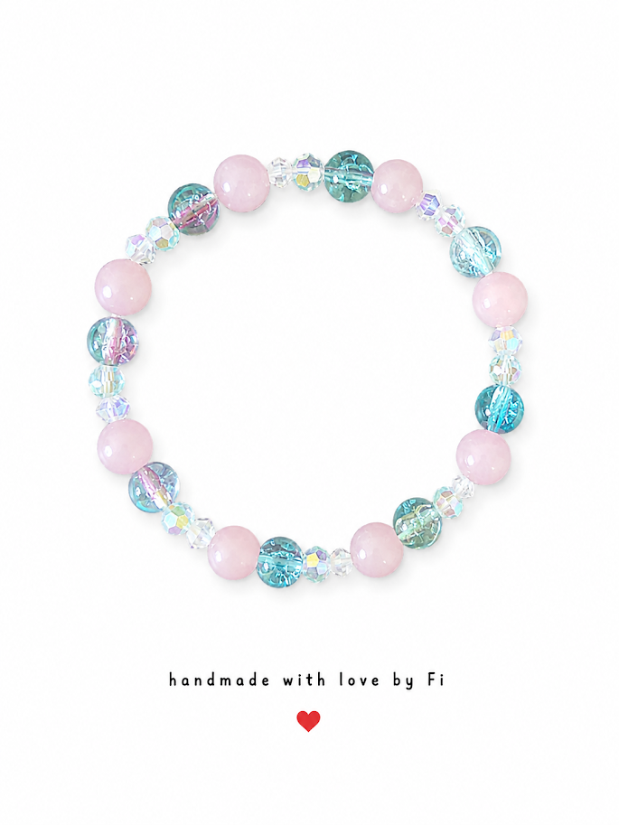 Rose quartz and teal crackle quartz bracelet with iridescent AB crystal bicones handmade by Fi