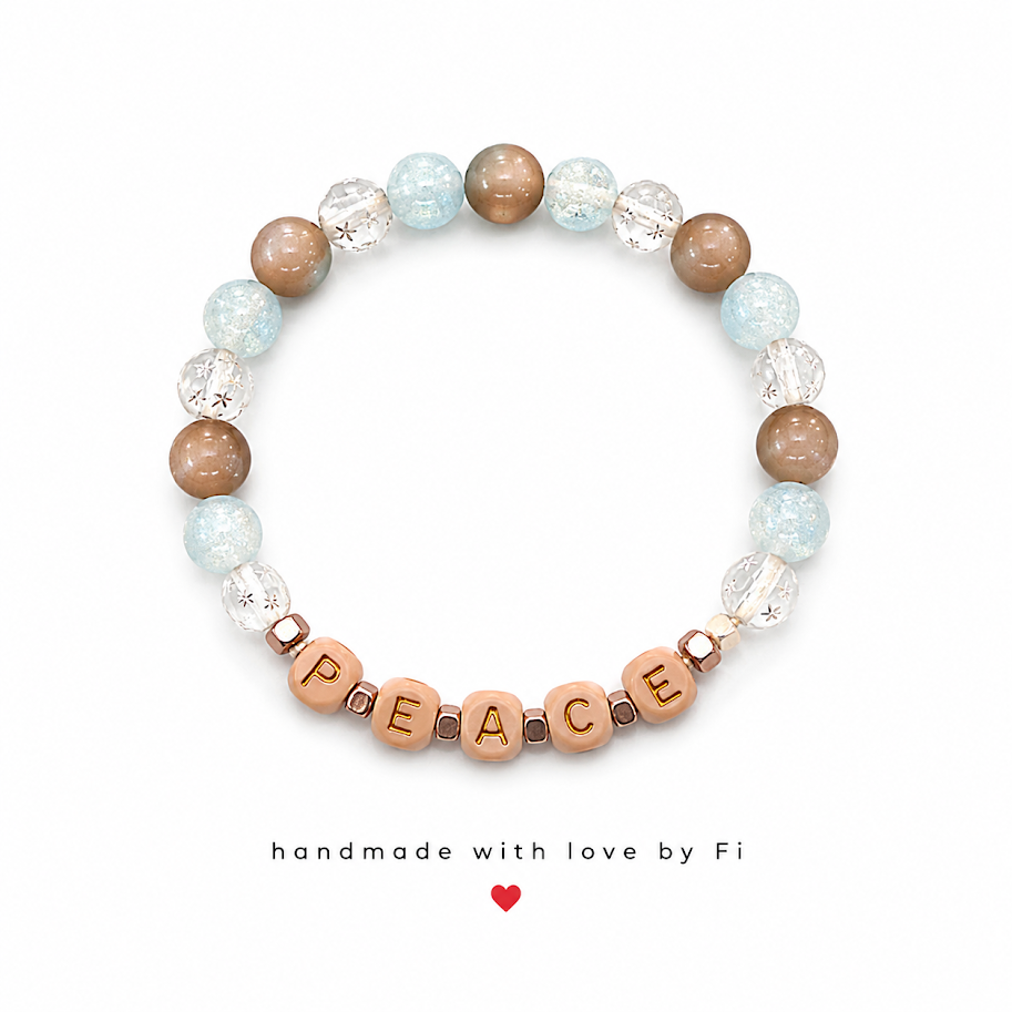 PEACE rose gold cube letter bead bracelet with cat's eye opalite and crystal beads handmade by Fi