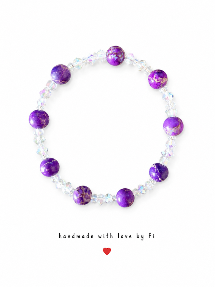 Purple imperial jasper and iridescent AB crystal bicone bracelet handmade by Fi