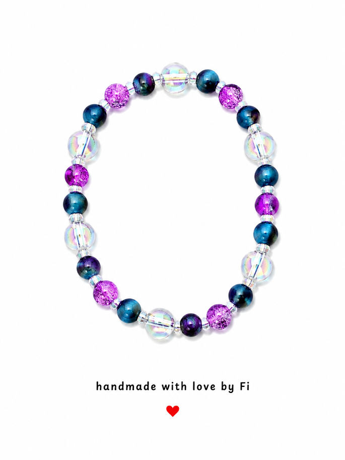 Blue tiger's eye, moonstone AB crystal and pink crackle quartz bracelet with crystal spacers handmade by Fi