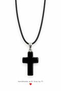 Black cross pendant necklace on a black multi-strand cord with a silver-tone bail