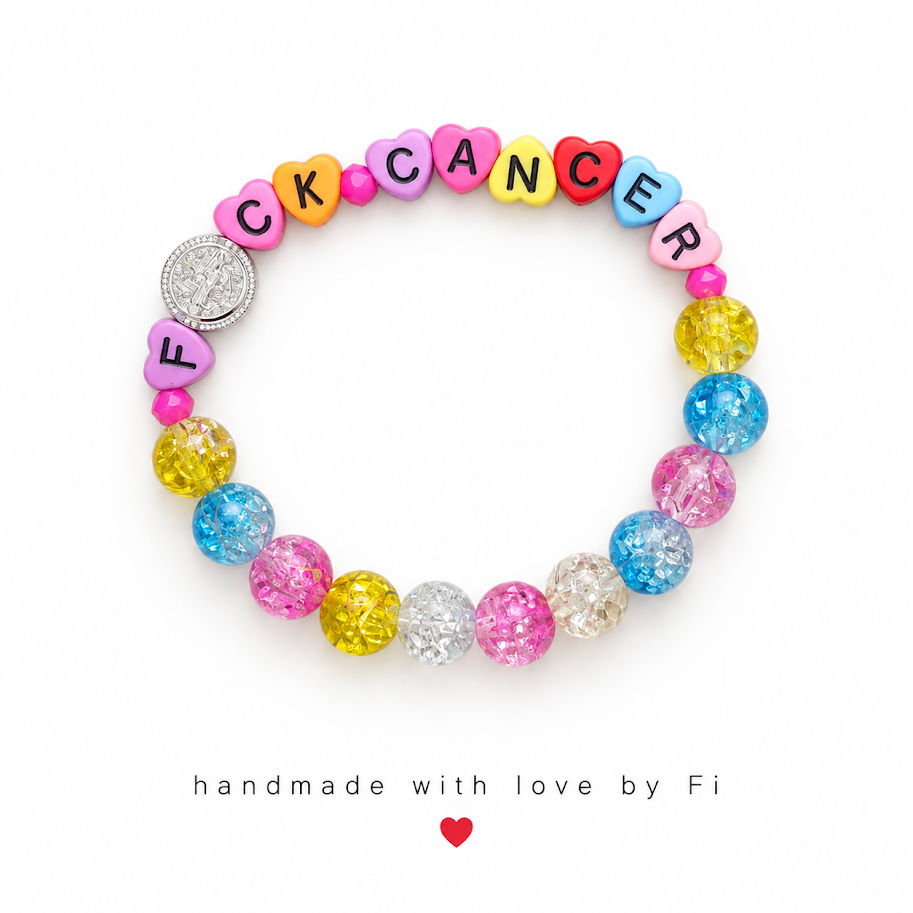Handmade F*ck Cancer rainbow heart letter bead bracelet with crackle glass beads and rhinestone charm