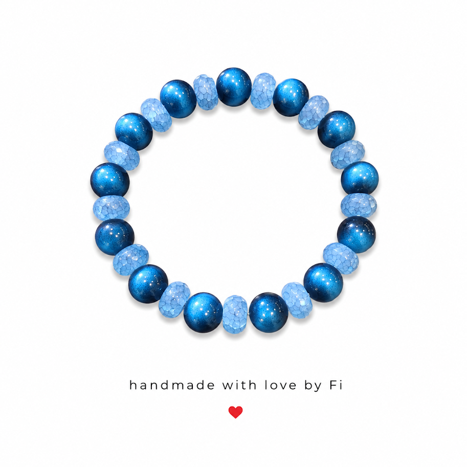 Blue tiger eye and periwinkle crackle rondelle bracelet handmade by Fi