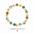 Golden amber and teal galaxy crackle quartz bracelet with iridescent AB crystal rounds handmade by Fi