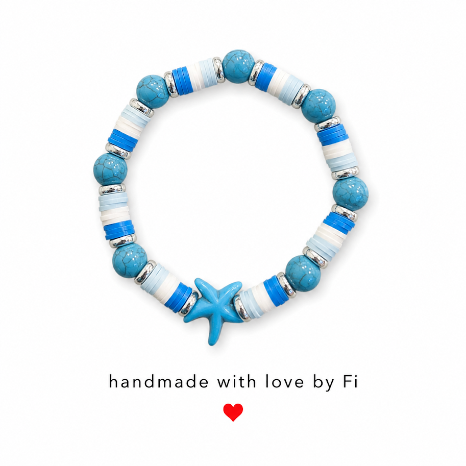 Turquoise and blue heishi disc starfish bracelet with silver spacers and ceramic starfish focal bead handmade by Fi