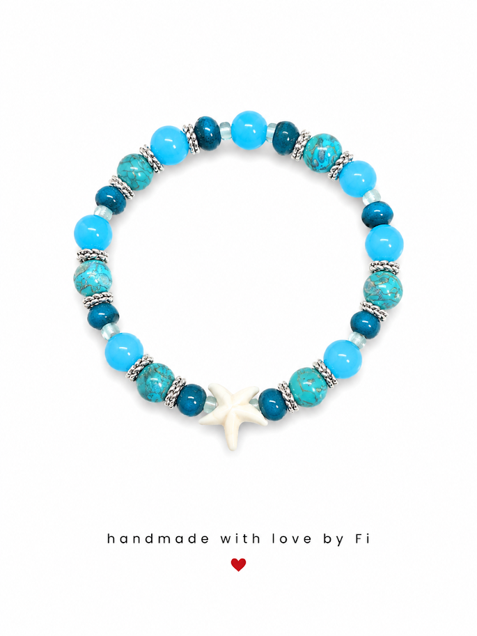 Ocean blue chalcedony and turquoise bracelet with starfish charm handmade by Fi