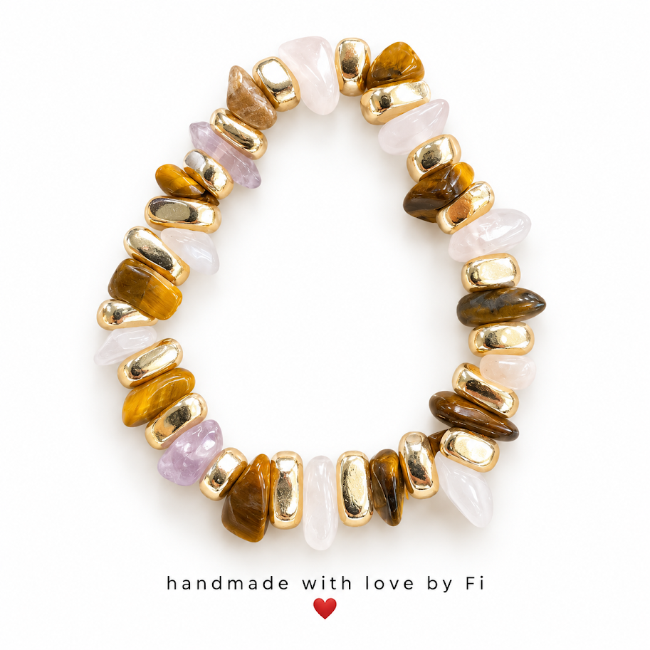 Honey brown and pale blush chip-style bracelet with shiny gold-tone spacer beads